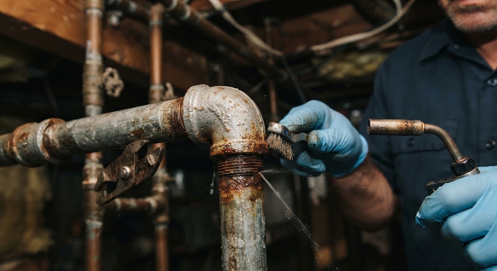 pipe leak repair Montclair NJ technician inspecting corroded copper joint