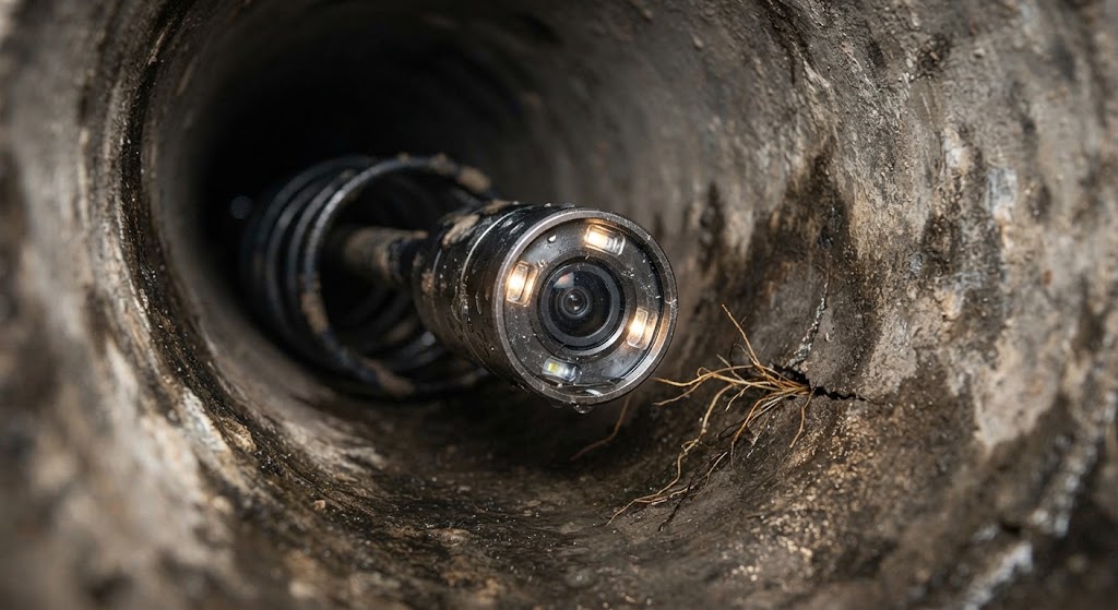 sewer line leak detection Montclair NJ technician viewing fiber optic video screen