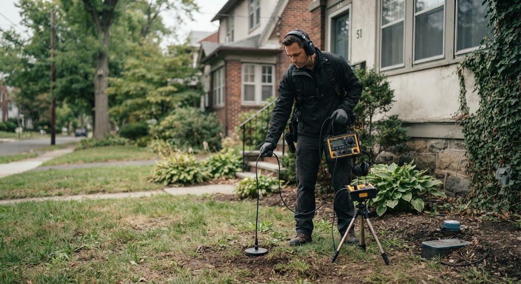 water line leak detection Montclair NJ technician using ground microphone on lawn